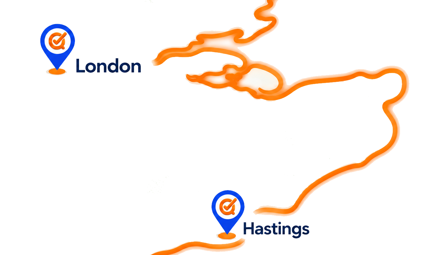 Map showing Questest coverage around London and Hastings